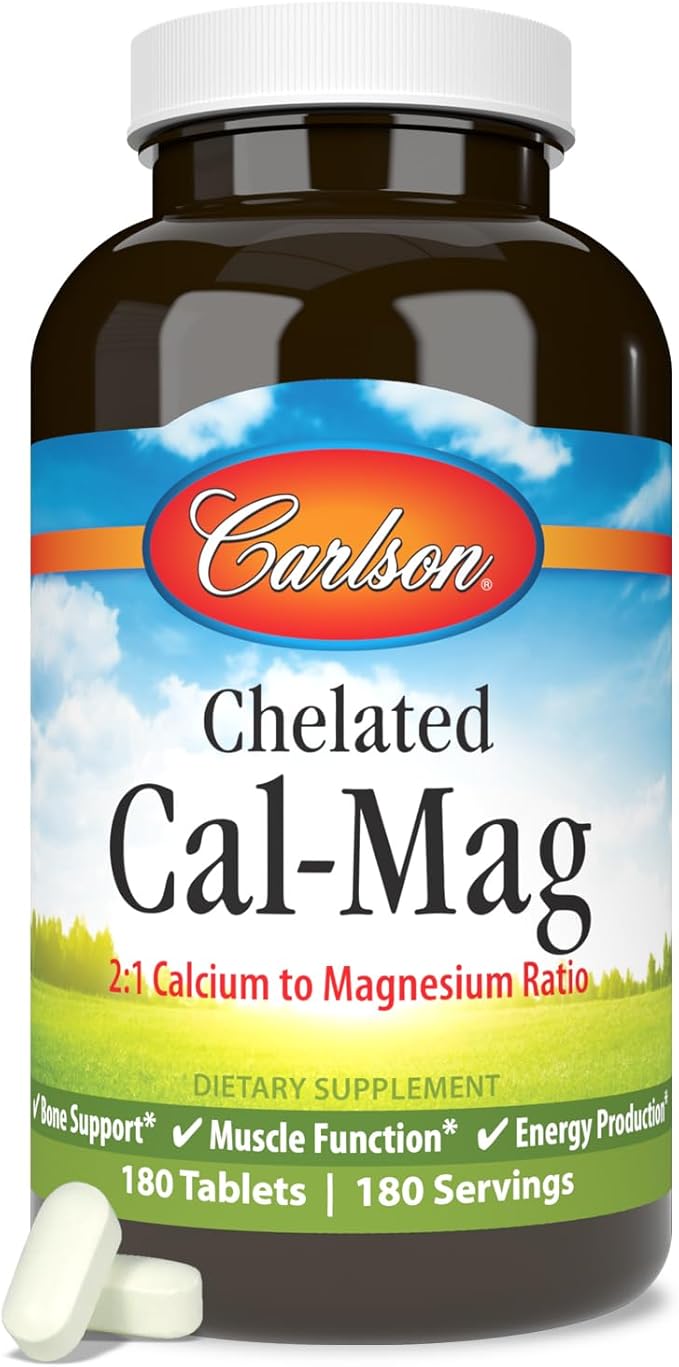 Carlson - Chelated Cal-Mag, 2:1 Calcium to Magnesium Ratio, Bone Support, Muscle Function & Energy Production, 180 Tablets