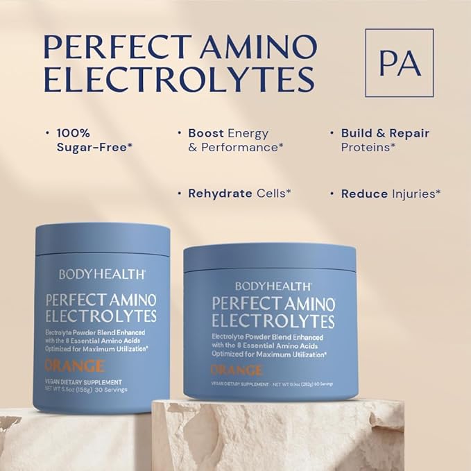 BodyHealth PerfectAmino Electrolytes Powder, Hydration Powder, Sugar Free Keto Electrolyte Drink Mix, Non GMO, Orange Flavor (60 Servings)