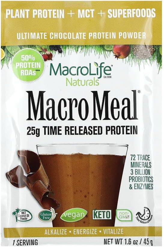 MacroLife Naturals MacroMeal Vegan Chocolate Superfood Supplement Powder Protein + Greens, Probiotics, Digestive Enzymes, Fiber - Energy, Detox, Immune - Non-GMO, Gluten-Free - 10 Packet Servings