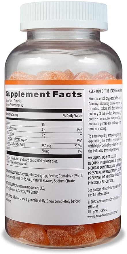 Amazon Basics Vitamin C 250 mg Gummies, Orange, 150 Count (2 per Serving), Immune Health (Previously Solimo)