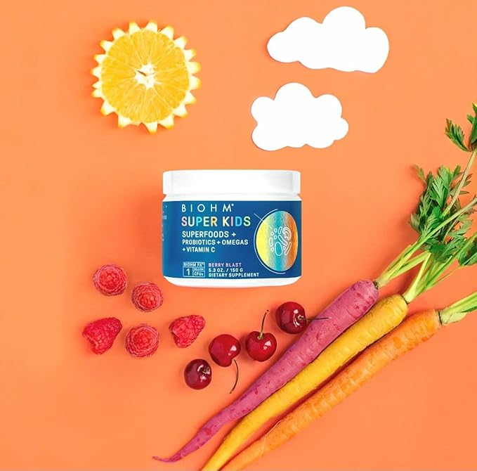 BIOHM Super Kids Superfood Powder Plus Probiotics, (5.3 Oz, 30 Servings) Delicious Berry Blast, Antioxidants, Omega 3 & Vitamin C, Non-GMO, Dairy Free, No Artificial Ingredients, Vegetarian, Ages 4+