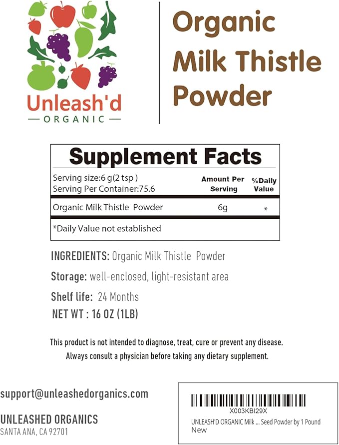 UNLEASH'D ORGANIC Organic Milk Thistle Powder 2-Pack Rich in Silymarin and Antioxidants Immune Support 100% Pure and Organic