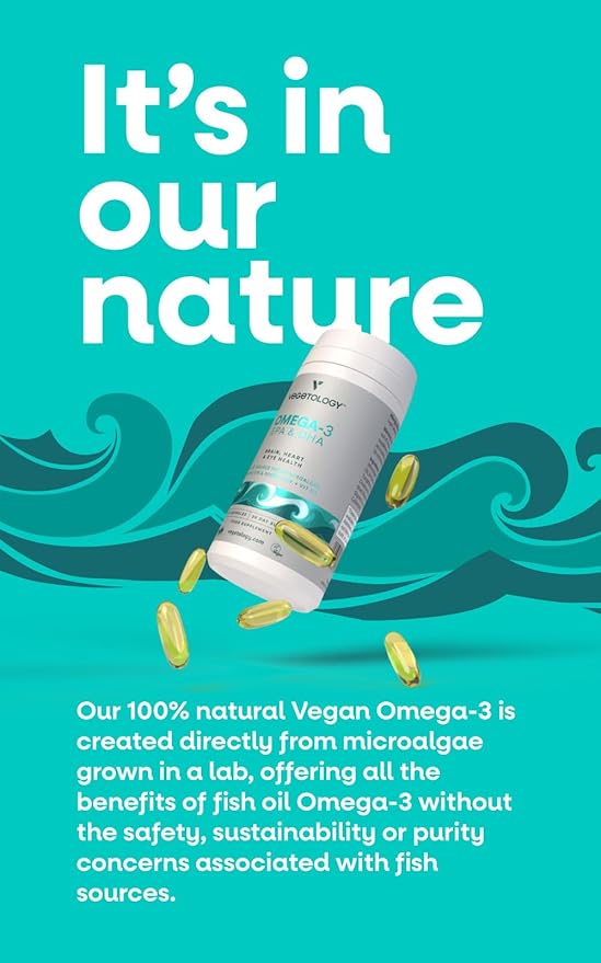 Vegan Omega 3 Supplement (60 Capsules) – Omega-3, EPA, Vitamin D3 & DHA Supplements - Algae Omega 3 Vegan Supplements for Brain, Eye, & Heart Health – Omega 3 for Kids & Adults