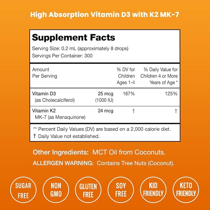NutraChamps Kids Vitamin D 3 K2 Drops, Vitamin D3 & K2 MK-7, Liquid Vitamin D for Kids 1000 IU, Healthy Bones, Heart & Immune System, Sugar Free Supplement for Toddlers, 300 Servings