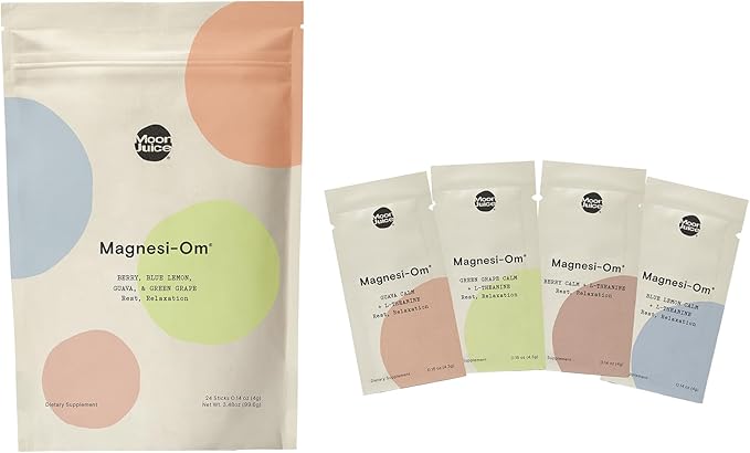 Moon Juice Tutti Frutti Magnesi-Om Variety Pack | Magnesium + L-Theanine | for Natural Calm + Regularity | Magnesium Citrate | Sugar Free | Guava, Green Grape, Blue Lemon, Berry | (24 Sticks)