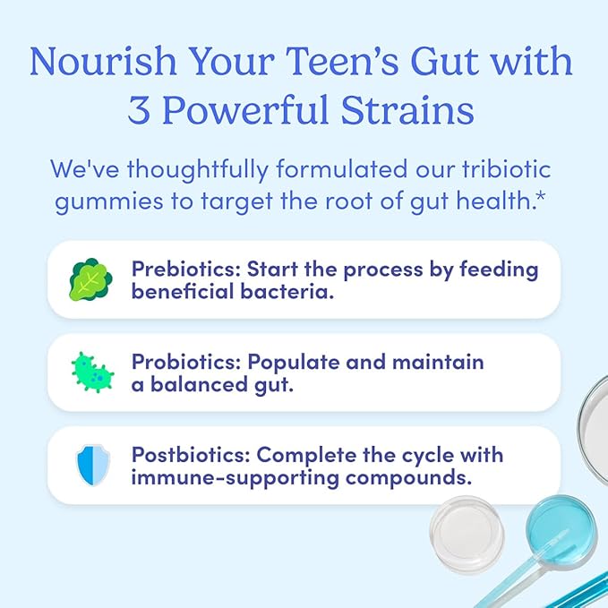 FIRST DAY Teens’ Gut Sustainer Tribiotic Gummies – 3-in-1 Prebiotic, Probiotic & Postbiotic Supplement – Supports Digestive, Skin, Oral & Immune Health, Nutrient Absorption & Growth – 60-Day Supply