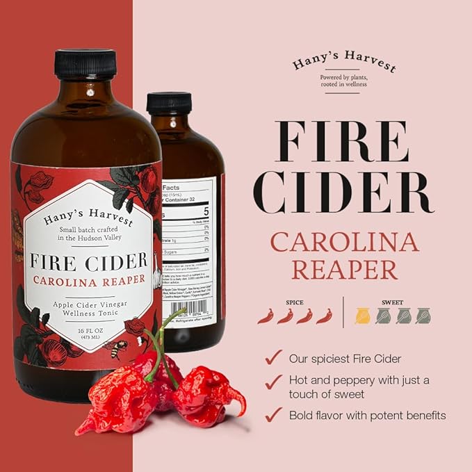 Hany's Harvest Carolina Reaper Fire Cider – 16 fl oz Glass Bottle | All-Natural, Small-Batch, Handcrafted, Non-GMO, Gluten-Free, Immune & Digestive Support