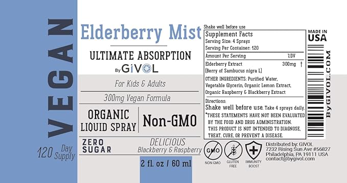 Organic Elderberry Mist-Sambucus Nigra (Extra Strength) Liquid Extract for Kids & Adults - Immune Boost - High Flavonoid Levels - Vegan Easy Absorption - - Non-GMO 120 Days Supply