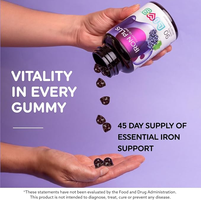 Iron Plus Gummy Vitamin | Iron with Vitamin C | Made in USA | Gummies for Adults & Kids | All-Natural, Gluten-Free, Non-GMO & Vegan Supplement Gummies | Grape Flavored, 180 Count