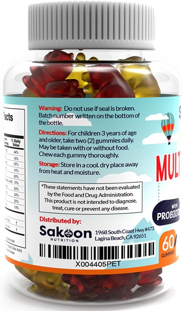 Sakoon nutrition Kids Multivitamin Gummies with Probiotics, 60 Count Raspberry Flavor| Vegetarian, Non-GMO, Gluten Free, Halal Children's Supplement
