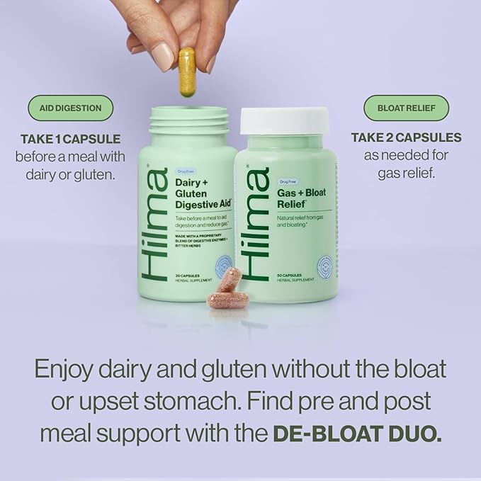 Hilma De-Bloat Bundle for Pre or Post Meal - Gas & Bloating Relief for Women (50 Vegan Capsules) with Lemon Balm & Peppermint Leaf - Digestive Enzymes for Women (30 Vegan Capsules) with Dandelion Root