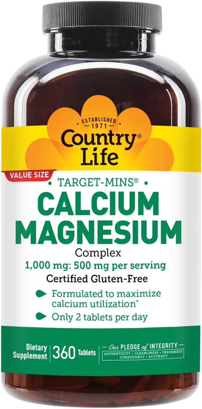 Country Life Target-Mins Calcium Magnesium Supplement for Bone Health, 1000mg Calcium, 500mg Magnesium, Gluten Free, 2:1 Ratio for Optimal Utilization