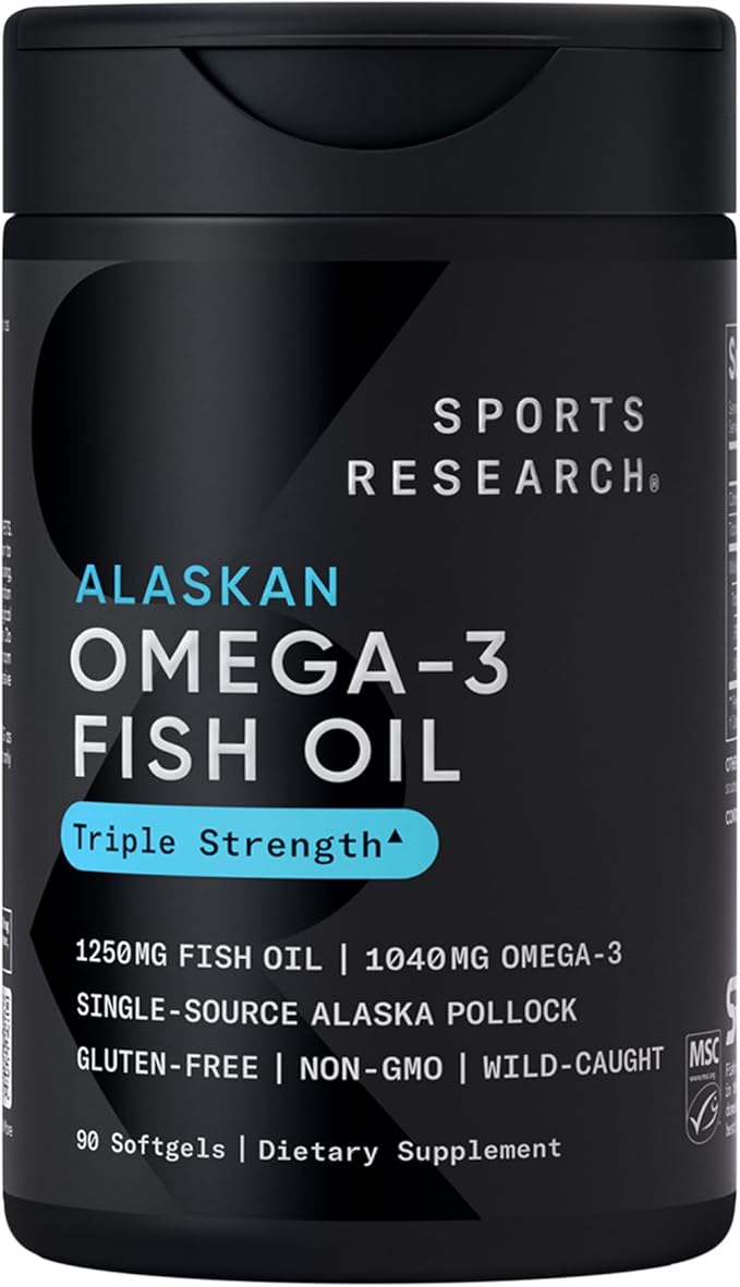 Sports Research Triple Strength Omega 3 Fish Oil - Burpless Fish Oil Supplement w/EPA & DHA Fatty Acids from Single-Source Wild Alaskan Pollock - 1250 mg, 90 ct