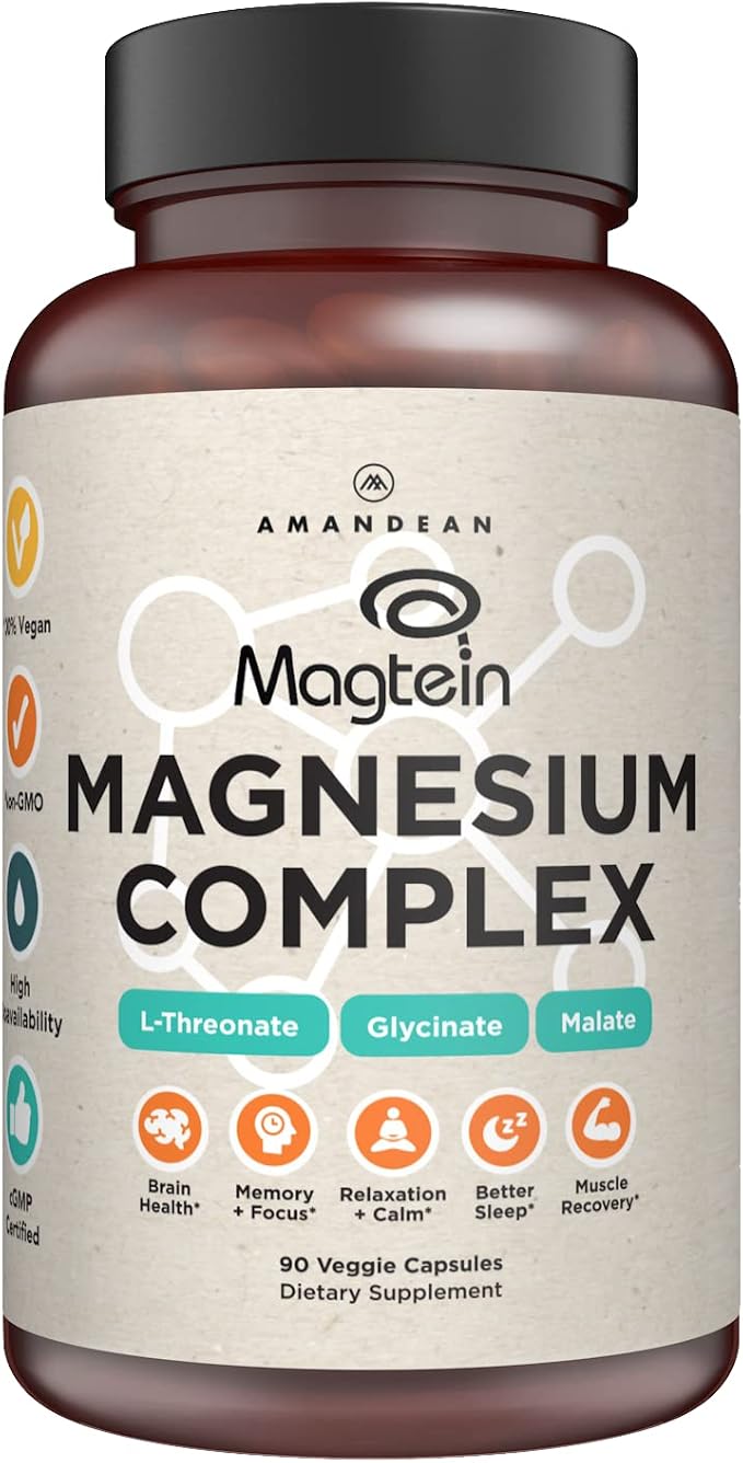 AMANDEAN Magtein Magnesium Complex. L-Threonate, Glycinate, Malate Triple Blend Chelated Magnesium Supplement. 90 Veggie Capsules. High Absorption Branded Ingredients. Brain Health, Sleep, Calm*.