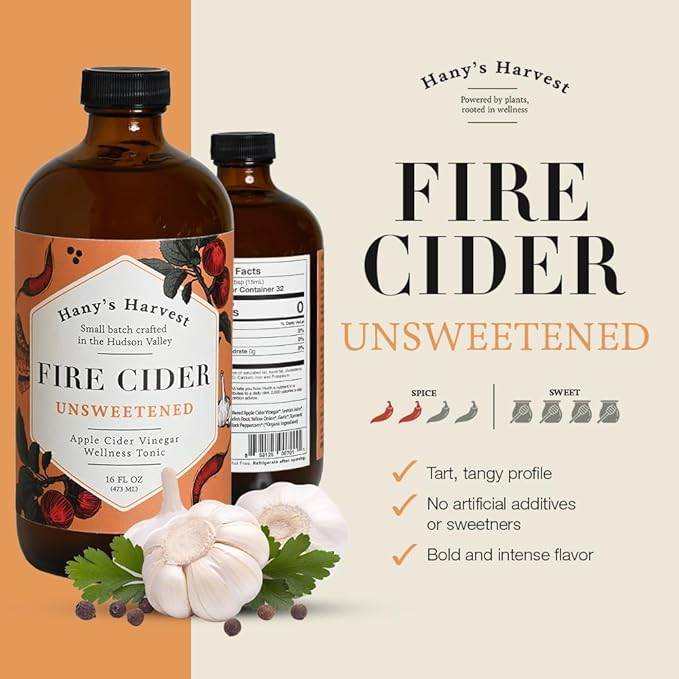 Hany's Harvest Unsweetened Fire Cider – 16 fl oz Glass Bottle | All-Natural, Small-Batch, Handcrafted, Non-GMO, Gluten-Free, Immune & Digestive Support