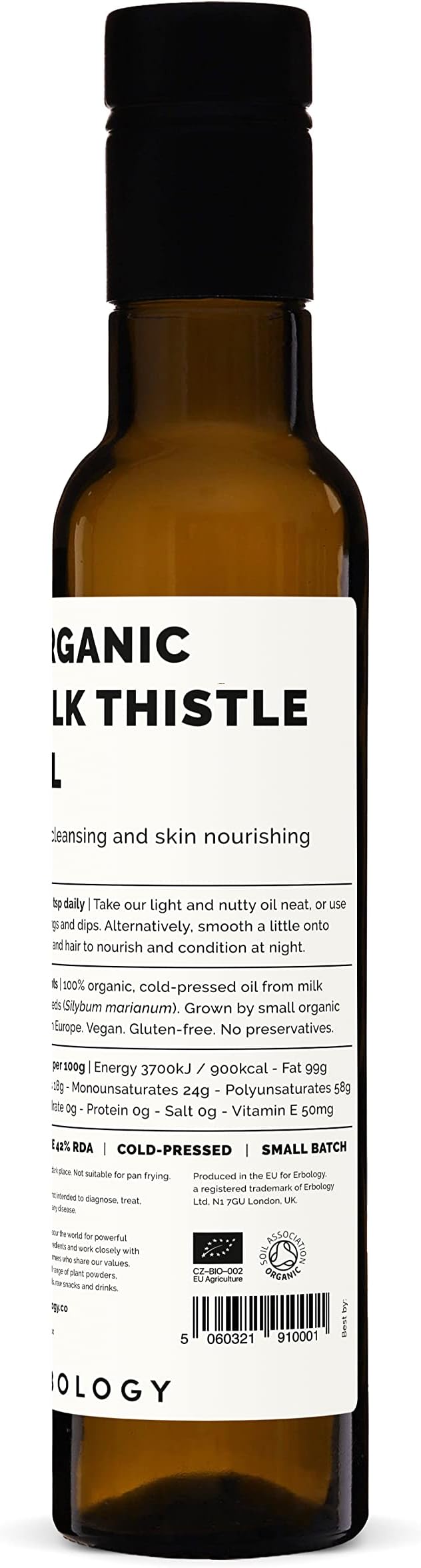 Erbology Organic Milk Thistle Oil 8.5 fl oz - Cold-Pressed - High in Vitamin E - Detoxifying - Straight from Farm - Non GMO - No Additives or Preservatives - Recyclable Glass Bottle