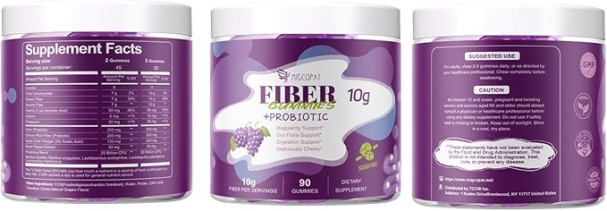 10G Fiber Gummies for Adults, No Sugar Added Grape Flavor, Fiber Supplement with 30 Billion CFU Probiotics Blend, ACV, Vitamin C, Inulin, Support Digestive Health, 90 Count