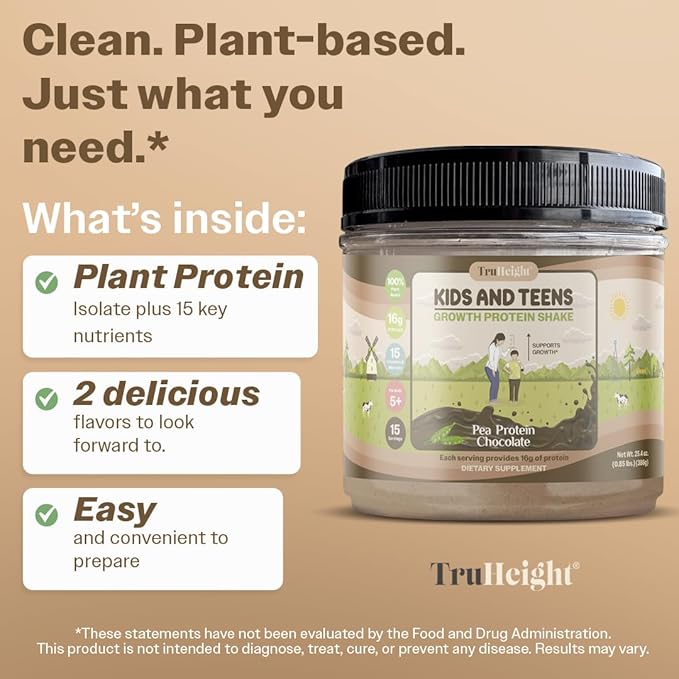 TruHeight Growth Protein Shake (Chocolate Milk Flavor, Plant) Natural Growth & Development Protein Powder for Kids & Teens - Weight Gain Drinks, Endorsed by Pediatricians, Picky Eater Vitamin, Ages 5+