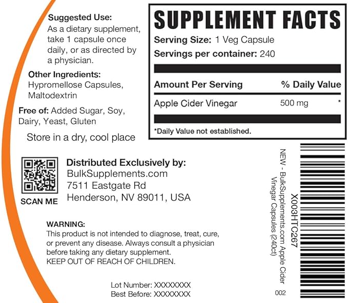 BULKSUPPLEMENTS.COM Apple Cider Vinegar Capsules - ACV Pills for Digestive & Heart Support, Soy Free - 1 Capsule (500mg) per Serving, 240 Veg Capsules (Pack of 1)