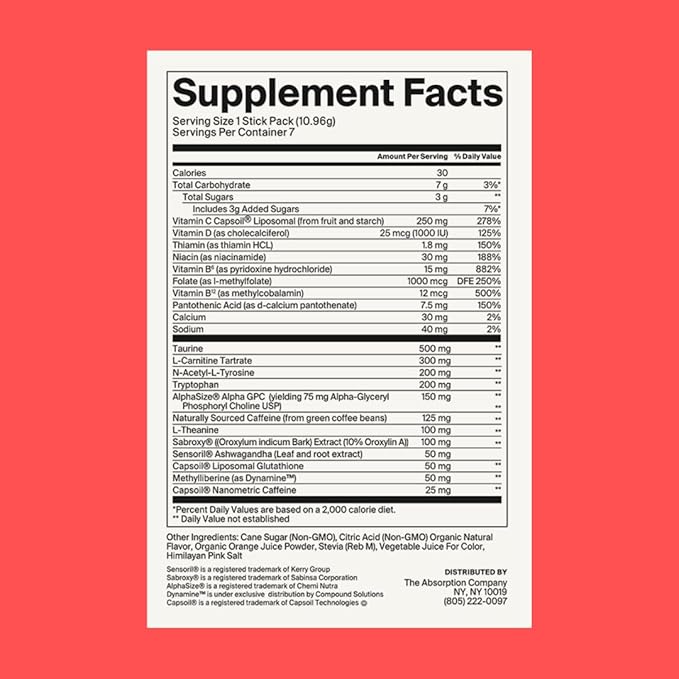 Energy Drink Powder Mix Packets - Clean Energy Booster for Fatigue with 150mg Natural Caffeine Powder and Liposomal Immune Support - Fruit Punch Flavor 7 Sticks