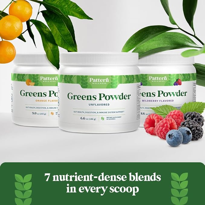 Pattern Wellness Greens Powder Superfood - Complete with Antioxidant, Digestive Enzyme, Fiber, Probiotic, & Adaptogen Blends - Gut, Digestion, & Immune System - 30 Servings - 8.6 oz (Wildberry Flavor)