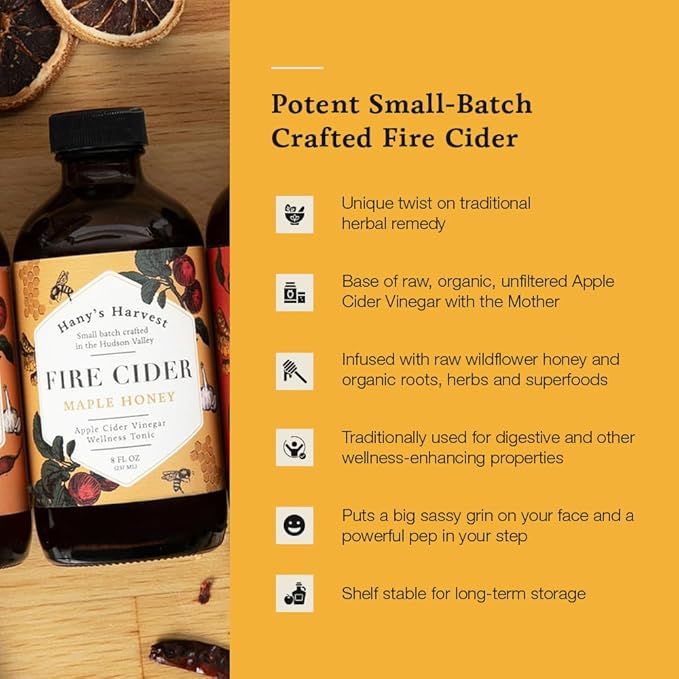 Hany's Harvest Maple Honey Fire Cider – 8 fl oz Glass Bottle | All-Natural, Small-Batch, Handcrafted, Non-GMO, Gluten-Free, Immune & Digestive Support