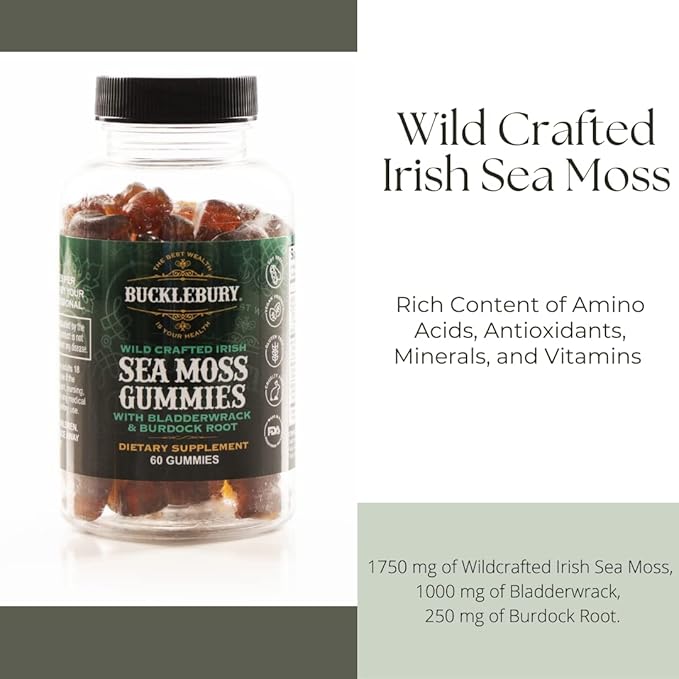 Wild Crafted Irish Sea Moss Gummies with Bladderwrack & Burdock Root - Chewable Natural Multivitamin Vegan Gummies for Immune, Thyroid, Digestive, and Gut Support - 60 Gummies