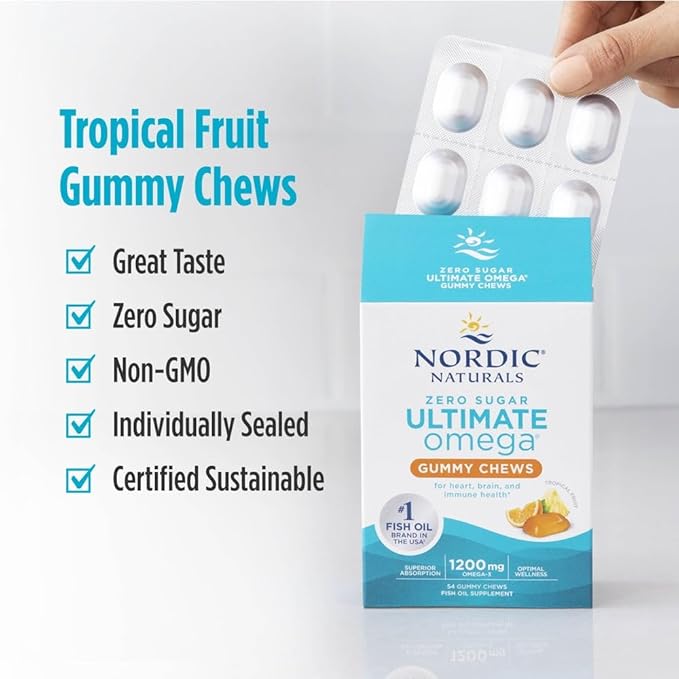 Nordic Naturals Zero Sugar Ultimate Omega Gummy Chews, Tropical Fruit, 54 Gummies, Supports Heart, Brain, and Immune Health, Non-GMO, Vegetarian, 27 Servings
