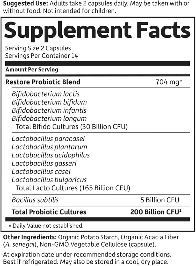 Garden of Life Dr. Formulated Probiotics Platinum Series Restore 200 Billion CFU High Potency Formula, Vegan, Non-GMO, Gluten, Dairy & Soy Free Digestive Immune Probiotic Support, 28 Capsules