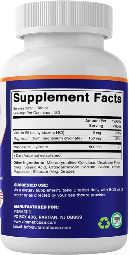 Vitamatic Magnesium Glycinate 500 mg per Tablet – 180 Vegetarian Tablets (Uncoated) with Added Vitamin B6 for Maximum Absorption – Muscle, Joint & Heart Health Support – Non-GMO, Gluten-Free