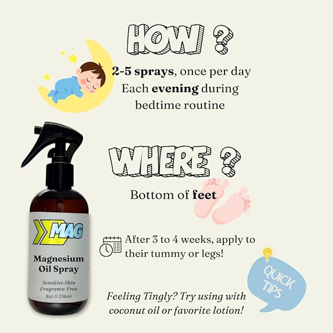 Magnesium Spray for Kids & Toddlers – Restlful Sleep, Calm Bedtime, Growing Pains, Active Play Recovery – Pure, All-Natural, Gentle for Sensitive Skin, Fragrance-Free - 8 fl oz by MAG Recovery