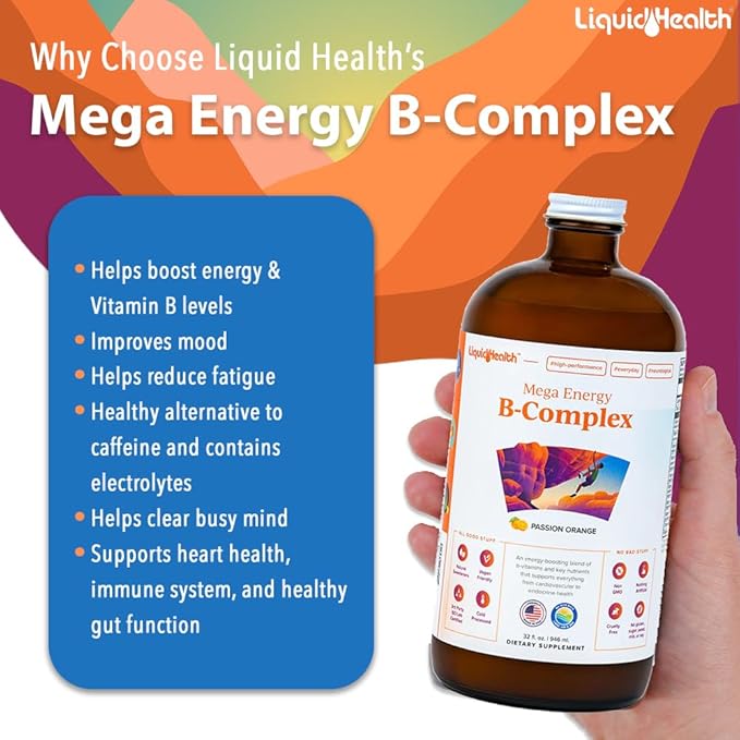 LIQUIDHEALTH Mega Energy Methylated B-Complex, Adult Liquid Vitamin Supplement - Increase Energy, Relieve Stress & Fatigue, Immune System Support, Heart & Gut Health - Vegan, Sugar-Free (3 Pack)