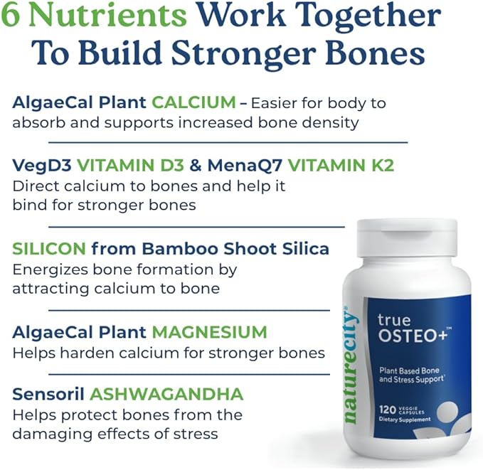 NatureCity True-Osteo+ Bone Support with Ashwagandha – for Strength & Density – Plant-Based Calcium with Organic AlgaeCal, Magnesium, Vitamin D3, K2, Silicon & Stress Support | 240 Veggie Capsules