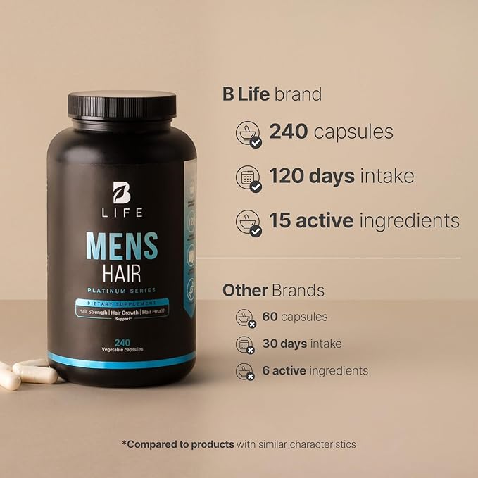 Men's Hair Supplement with Biotin, Selenium, Zinc, Collagen, Vitamins A, C, E, B5 and D3 | 240 Caps - 120 Days | Hair Growth and Strength | Made in USA by B Life.