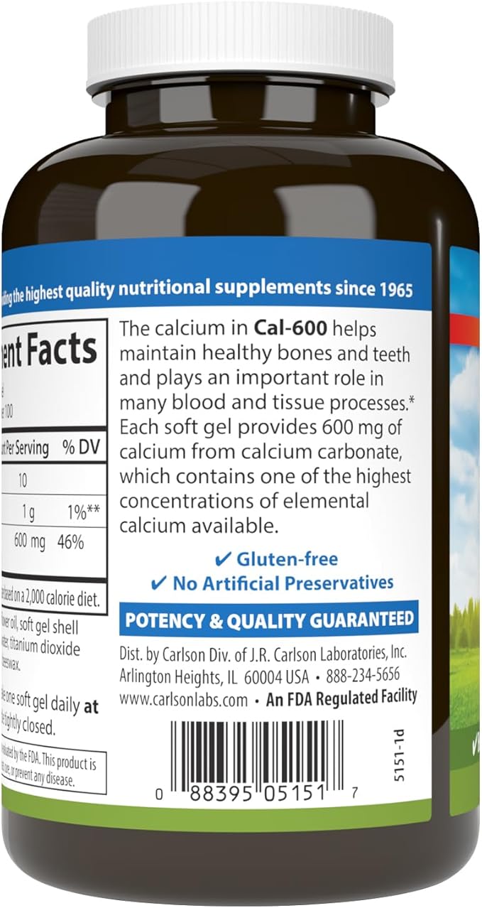 Carlson - Cal-600, 600 mg Calcium, Bone Support, Healthy Teeth & Optimal Wellness, 100 Softgels