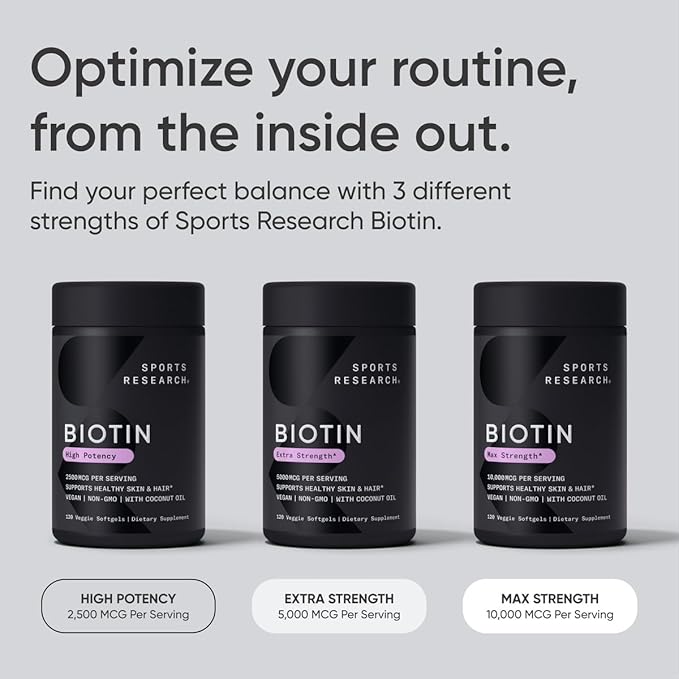 Sports Research Vegan Biotin 5000mcg with Organic Coconut Oil | Extra Strength Biotin Vitamin B7 Supplement for Hair & Skin Support | Non-GMO Verified, Soy Free, Gluten Free - 30 Softgels