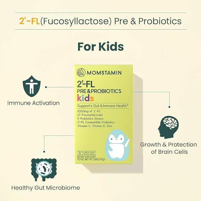 MOMSTAMIN 2'-FL HMO Prebiotics & Probiotics for Kids, 1000mg Human Milk Oligosaccharide 2'-FL Powder, Patented 11 Strains, Healthy Gut Microbiome, Immune & Digestive Supplement, IBS Relief - 30 Sticks
