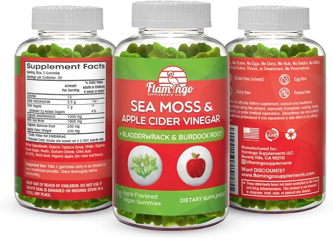 Sea Moss Gummies with Apple Cider Vinegar, Bladderwrack, and Burdock Root Organic- Sea Moss Gummies for Adults and Kids- Vegan, Organic, Irish Seamoss and ACV – 70 Ct