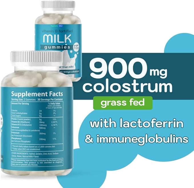 Colostrum Gummies for Kids Adults Elderly | Colostrum Milk Protein Gummies with Vitamin B Complex | Sugar Free 60 ct