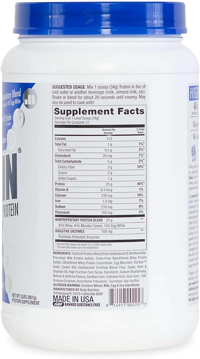 Body Nutrition Trutein High Protein Powder: 45% Whey, 45% Casein, 10% Egg White Protein Shake Mix, Low Sodium, Low Carb Protein Supplement Powder for Men & Women, Cookies & Cream, 2lb