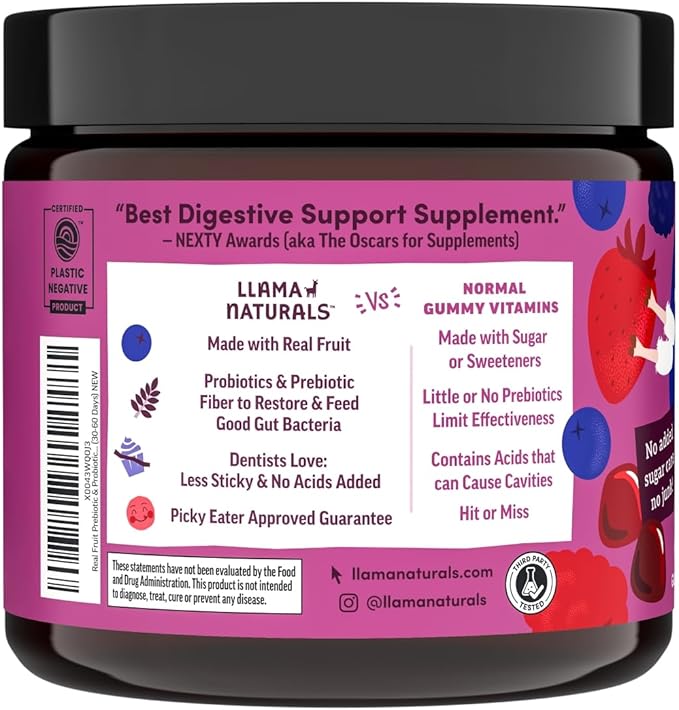 Llama Naturals Kids Probiotic with Prebiotic Fiber, Vegan, Organic Prebiotics and Probiotics Gummies for Gut Health Support, Toddler Real Fruit Gummy Vitamins, No Added Sugar Cane, Mixed Berry, 60 Ct