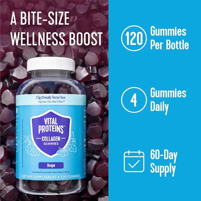 Vital Proteins Collagen Gummies, 2.5g of Clinically-Tested Collagen for Hair, Skin, Nails & Wrinkles, 120 ct, 30-Day Supply, Grape Flavor