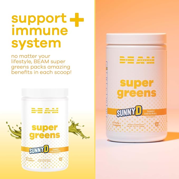 Be Amazing Super Greens Powder with Prebiotics, Digestive Enzymes & Antioxidants | Energy Supplements, 17 Fruits & 8 Veggies | Gluten-Free Juice & Smoothie Mix | Sunny D, 20 Servings, 360 g