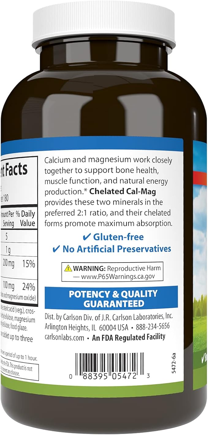 Carlson - Chelated Cal-Mag, 2:1 Calcium to Magnesium Ratio, Bone Support, Muscle Function & Energy Production, 180 Tablets