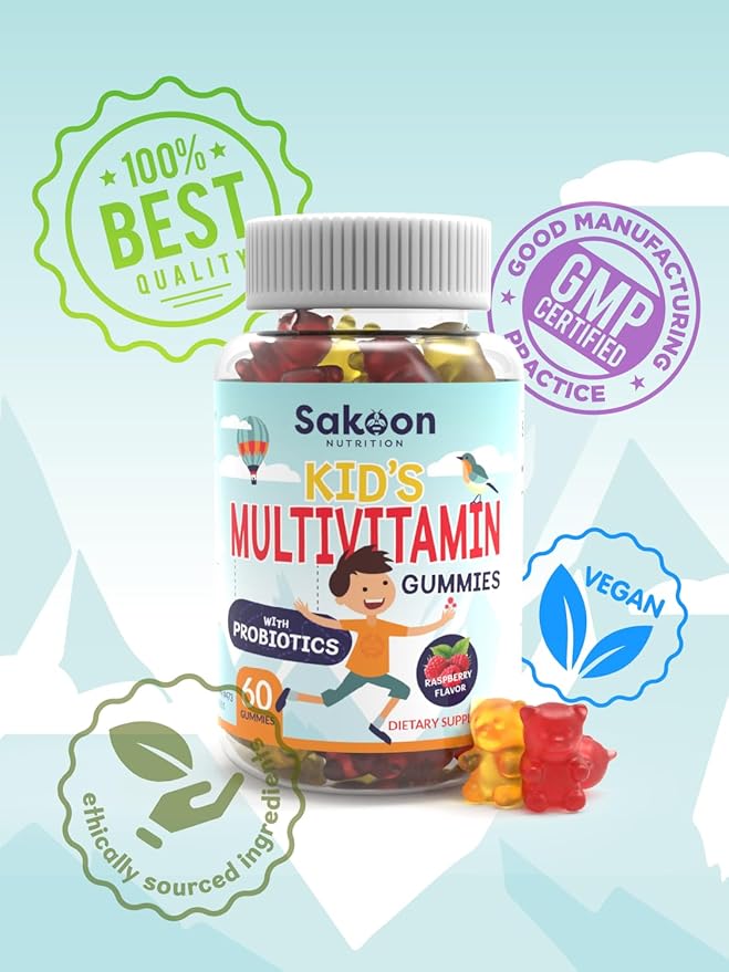 Sakoon nutrition Kids Multivitamin Gummies with Probiotics, 60 Count Raspberry Flavor| Vegetarian, Non-GMO, Gluten Free, Halal Children's Supplement