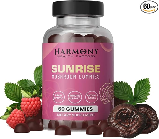 SUNRISE 10x Potency Mushroom Supplement Gummies for Energy, Mood and Immune Support with Organic Lion's Mane, Cordyceps, Reishi, Chaga and Turkey Tail Nootropic Adaptogenic Raspberry Flavor 60 Count