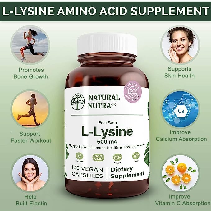 Natural Nutra L Lysine HCl, Promotes Bone Health and Growth, Improve Calcium Absorption, Support Faster Workout, Improve Vitamin C Absorption, Non-GMO, Vegan, 500 mg, 100 Capsules.