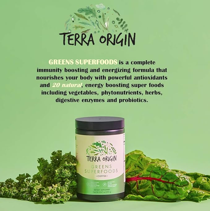 TERRA ORIGIN Superfoods Greens Immune Defense and Digestive Support | Probiotics, Organic Vegetables, Digestive Enzymes | Non-GMO, Gluten-Free, Dairy Free, Vegan | 30 Servings | Coffee Flavor