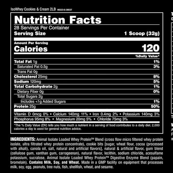 Animal Whey Isolate Protein Powder - Loaded for Pre & Post Workout Muscle Builder and Recovery with Digestive Enzymes for Men & Women - 25g Protein, Great Taste, Low Sugar - Cookies & Cream 2 lbs