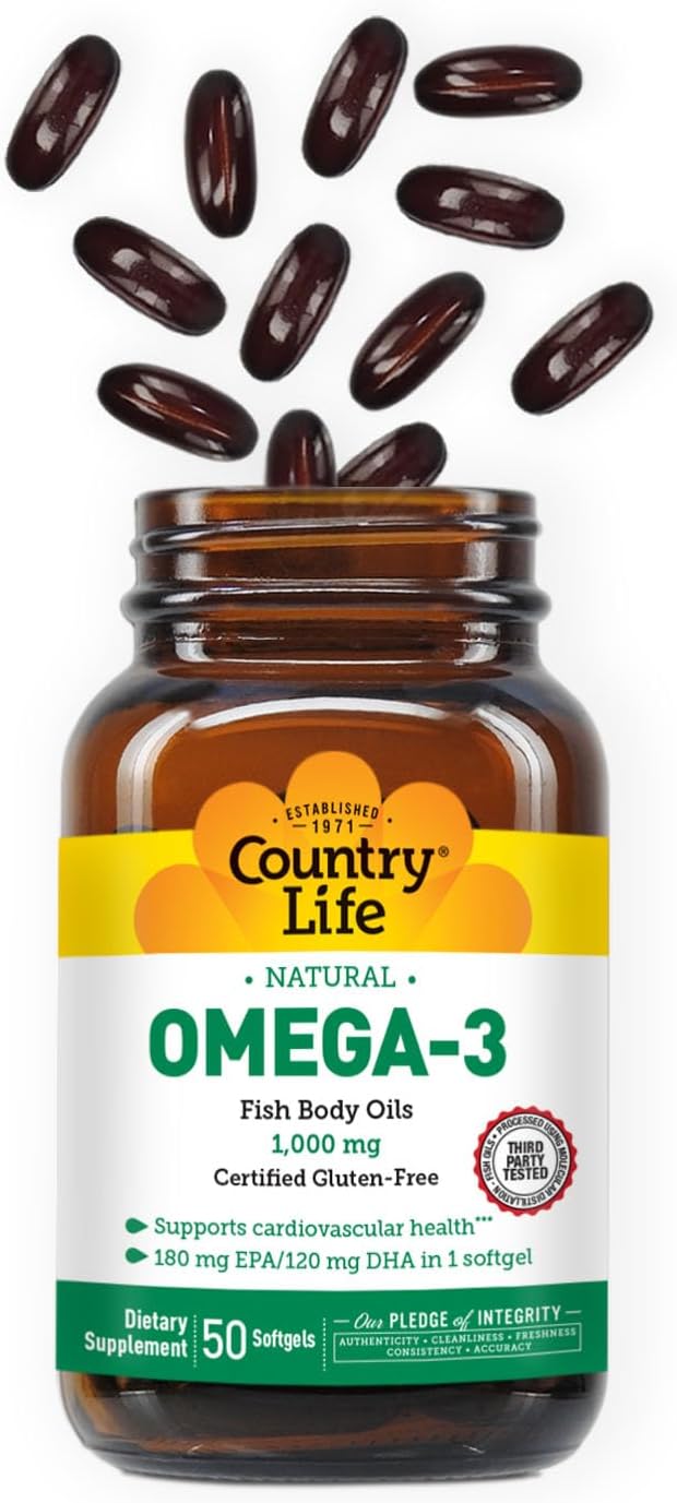 Country Life Omega-3 Fish Oil Supplement, 10000mg,180mg EPA & 120mg DHA, Fish Oil Concentrate, Burpless, 50 Softgels, Certified Gluten Free